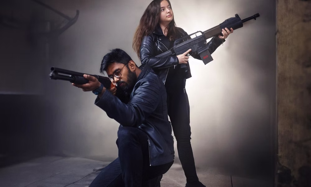 Couple posing at the private Riga shooting range