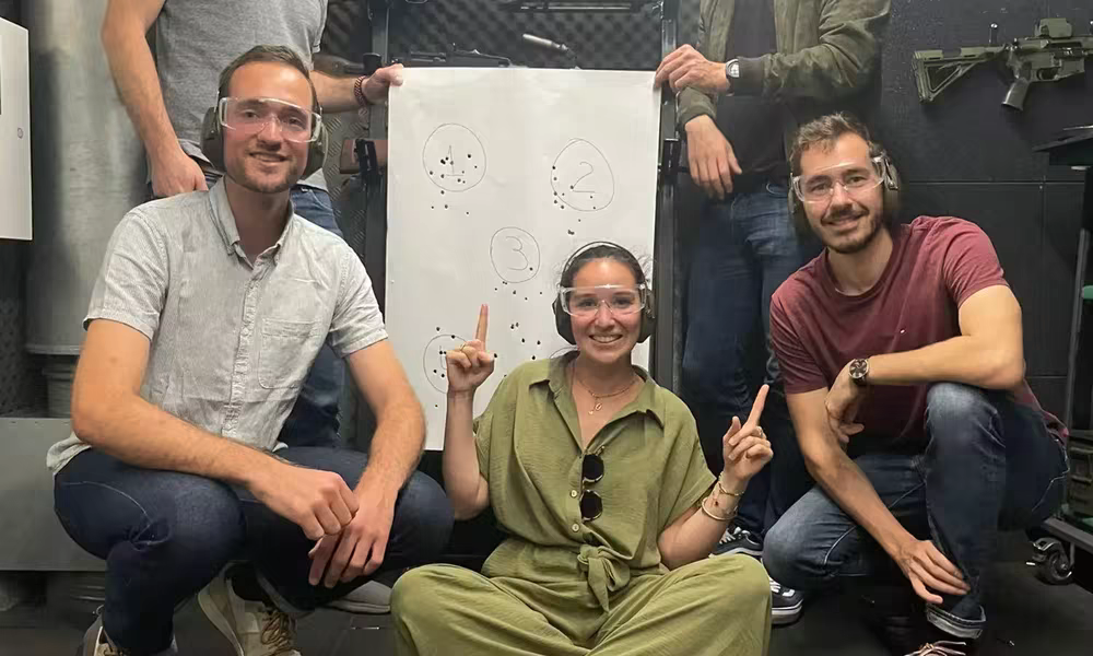Tourists at a shooting range in Budapest, Hungary