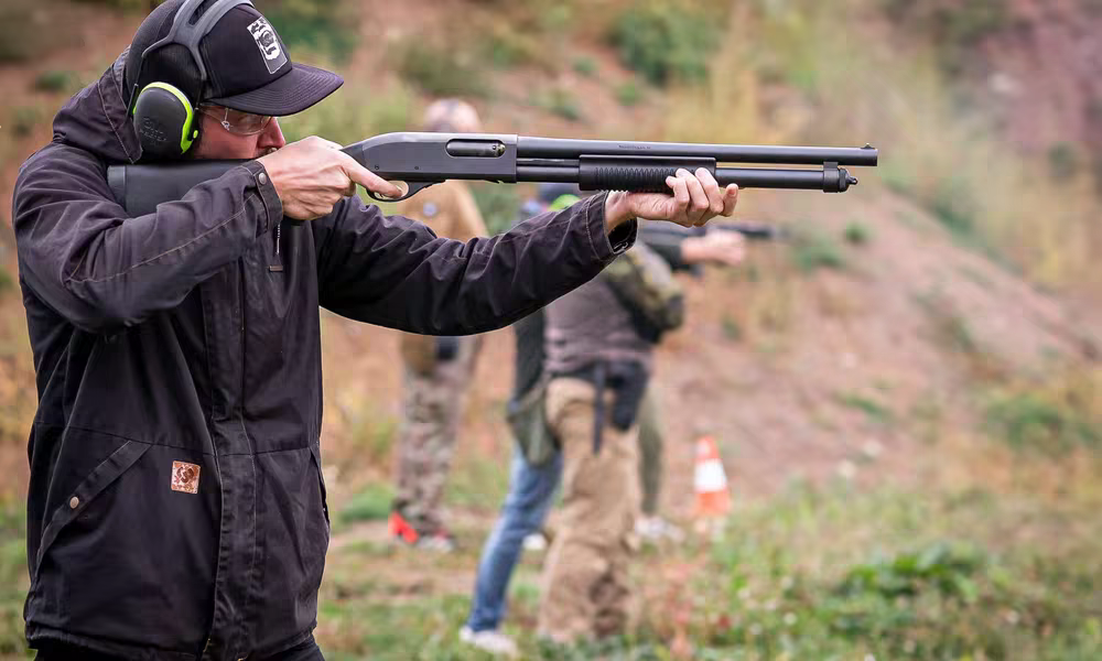 Shooters in action at an outdoor shooting range near Budapest