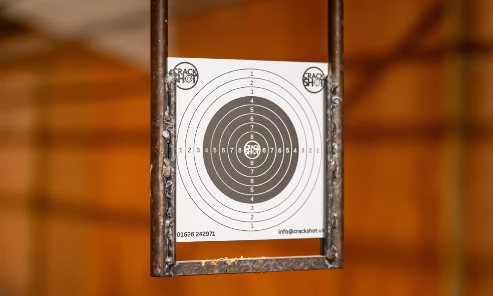 Paper target on the 20-metre air rifle range at Crackshot Newton Abbot