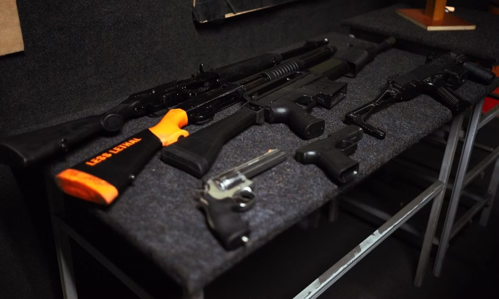 Variety of firearms on display at a private shooting range in Riga, Latvia